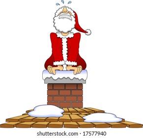 vector cartoon graphic depicting a Santa Claus stuck in a chimney