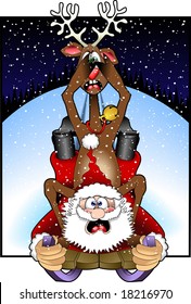 vector cartoon graphic depicting Santa Claus and a reindeer sledding downhill