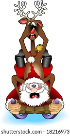 vector cartoon graphic depicting Santa Claus and a reindeer on a sled