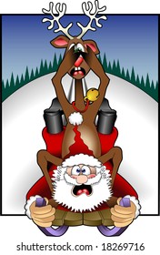 vector cartoon graphic depicting Santa Claus and a reindeer sledding downhill