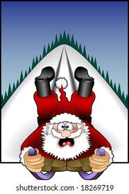 vector cartoon graphic depicting Santa Claus sledding downhill