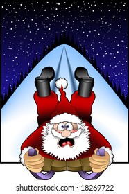 vector cartoon graphic depicting Santa Claus sledding downhill