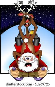 vector cartoon graphic depicting Santa Claus and a reindeer sledding downhill