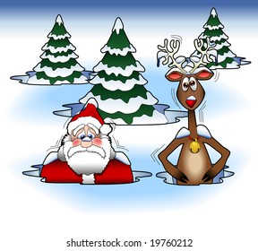 vector cartoon graphic depicting Santa Claus and a reindeer stuck in the snow