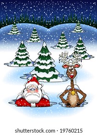 vector cartoon graphic depicting Santa Claus and a reindeer stuck in the snow