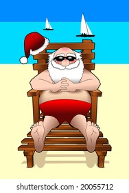 vector cartoon graphic depicting Santa Claus relaxing on the beach