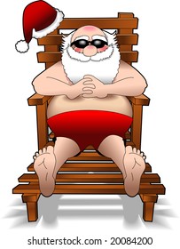 vector cartoon graphic depicting Santa Claus relaxing on beach lounger