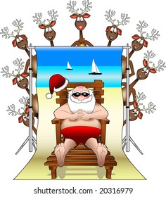 vector cartoon graphic depicting Santa Claus relaxing in front of a backdrop