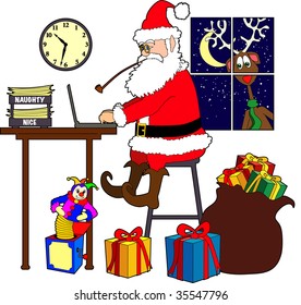 vector cartoon graphic depicting Santa Claus with his laptop