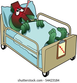 vector cartoon graphic depicting a sick dollar symbol in a hospital bed