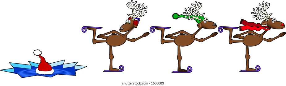 vector cartoon graphic depicting three ice skating reindeer