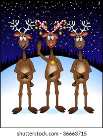 vector cartoon graphic depicting three reindeer