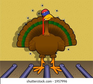 Vector Cartoon Graphic Depicting A Turkey Before A Firing Squad (concept: Turkey Shoot)