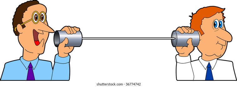 vector cartoon graphic depicting two businessmen speaking with tin cans and string