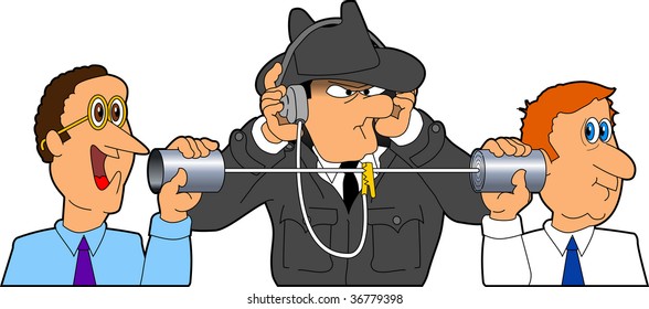 vector cartoon graphic depicting two businessmen speaking with a spy listening