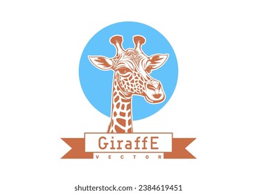 Vector cartoon graphic monochrome cute funny portrait of giraffe. Blue circle and ribbon. Logo or emblem. White isolated background.