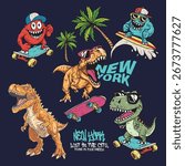 Vector cartoon graphic set featuring skateboarding monsters, surfing character, roaring dinosaurs, palm trees and New York text, perfect for kids apparel, streetwear, sticker and poster design.