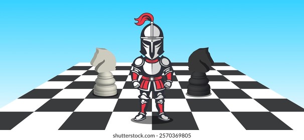 Vector cartoon graphic simple ancient standing toy knight in red gray armor and helmet. 3d chess black and white knights and board. Figure of horse. Blue sky background