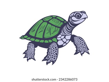 Vector cartoon graphic swimming turtle with a green shell on a white isolated background.
