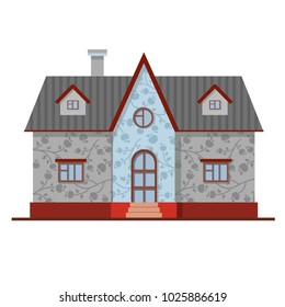 Vector cartoon gray and blue brick house with ornamental facade. Traditional building. Cute bright summer illustration. European street. Sweet home.