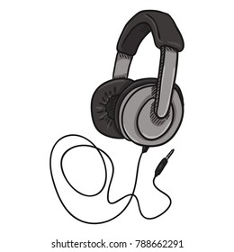 Vector Cartoon Gray Circumaural Headphones with Wire on White Background