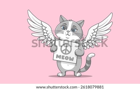 Vector cartoon gray cute sad sorrowful little cat angel with wings and sign, peace symbol, meow. Toon cuddly innocent upset puss.