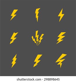 Vector cartoon gray lightnings and thunder icon set flat design isolated on a white background