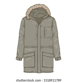Vector Cartoon Gray Parka Jacket. Winter Outerwear.