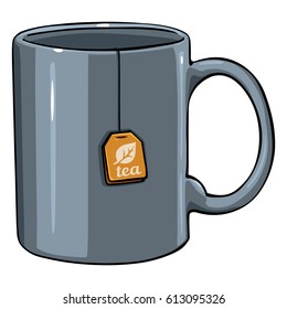 Vector Cartoon Gray Single Mug with tea bag on White Background