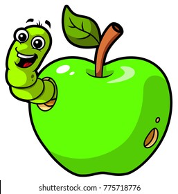 Vector Cartoon Green Apple With Worm