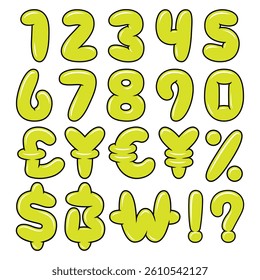 vector cartoon green balloon numbers and currency symbols on white background