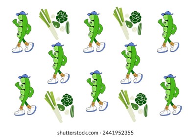 Vector cartoon green bean and vector vegetables, vector green pattern on a white background, doodle beans
