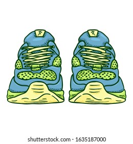 Vector Cartoon Green and Blue Running Shoes. Front View.