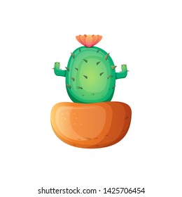 vector cartoon green cactus in pot isolated on white background. funny houseplant icon 
