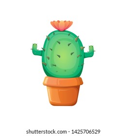 vector cartoon green cactus in pot isolated on white background. funny houseplant icon 