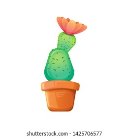 vector cartoon green cactus in pot isolated on white background. funny houseplant icon 
