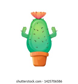 vector cartoon green cactus in pot isolated on white background. funny houseplant icon 