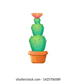 vector cartoon green cactus in pot isolated on white background. funny houseplant icon 