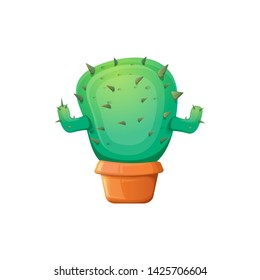 vector cartoon green cactus in pot isolated on white background. funny houseplant icon 