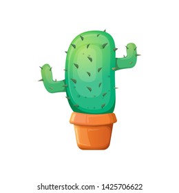vector cartoon green cactus in pot isolated on white background. funny houseplant icon 