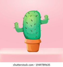 vector cartoon green cactus in a pot standing on pink studio table background. funny houseplant icon