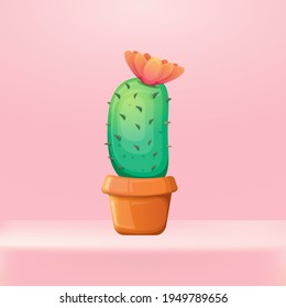 vector cartoon green cactus in a pot standing on pink studio table background. funny houseplant icon