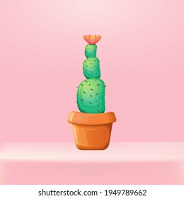 vector cartoon green cactus in a pot standing on pink studio table background. funny houseplant icon