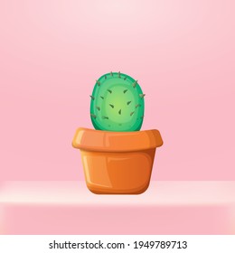 cactus verde de dibujos animados vectoriales en una olla sobre fondo de mesa de estudio rosa. icono de una planta de hogar divertida