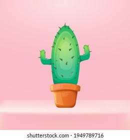 vector cartoon green cactus in a pot standing on pink studio table background. funny houseplant icon
