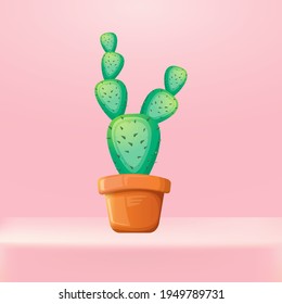 vector cartoon green cactus in a pot standing on pink studio table background. funny houseplant icon