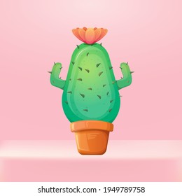 cactus verde de dibujos animados vectoriales en una olla sobre fondo de mesa de estudio rosa. icono de una planta de hogar divertida