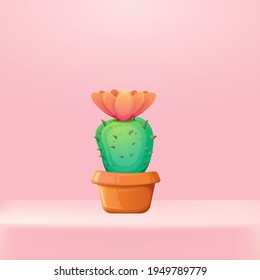 vector cartoon green cactus in a pot standing on pink studio table background. funny houseplant icon