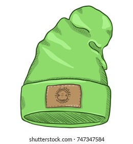 Vector Cartoon Green Casual Textile Cap with Brown Leather Label.