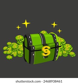 Vector cartoon green chest with coins and yellow stars. Money flat green icon. Vector icon for business. Money and payment icons. 